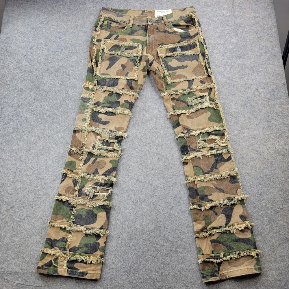 FWRD Denim Jeans Mens 34x36 Camo Fit 2 Stacked Skinny Distressed Fringe Pants